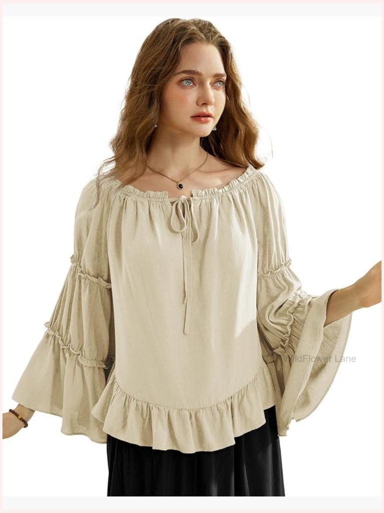 Bell Sleeve Off Shoulder Ruffle Blouse Casual Loose Renaissance Peasant Top